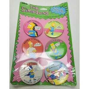 SIMPSONS 6 BUTTON PIN SET 1990 HOMER BART NEW SEALED VINTAGE Button Up